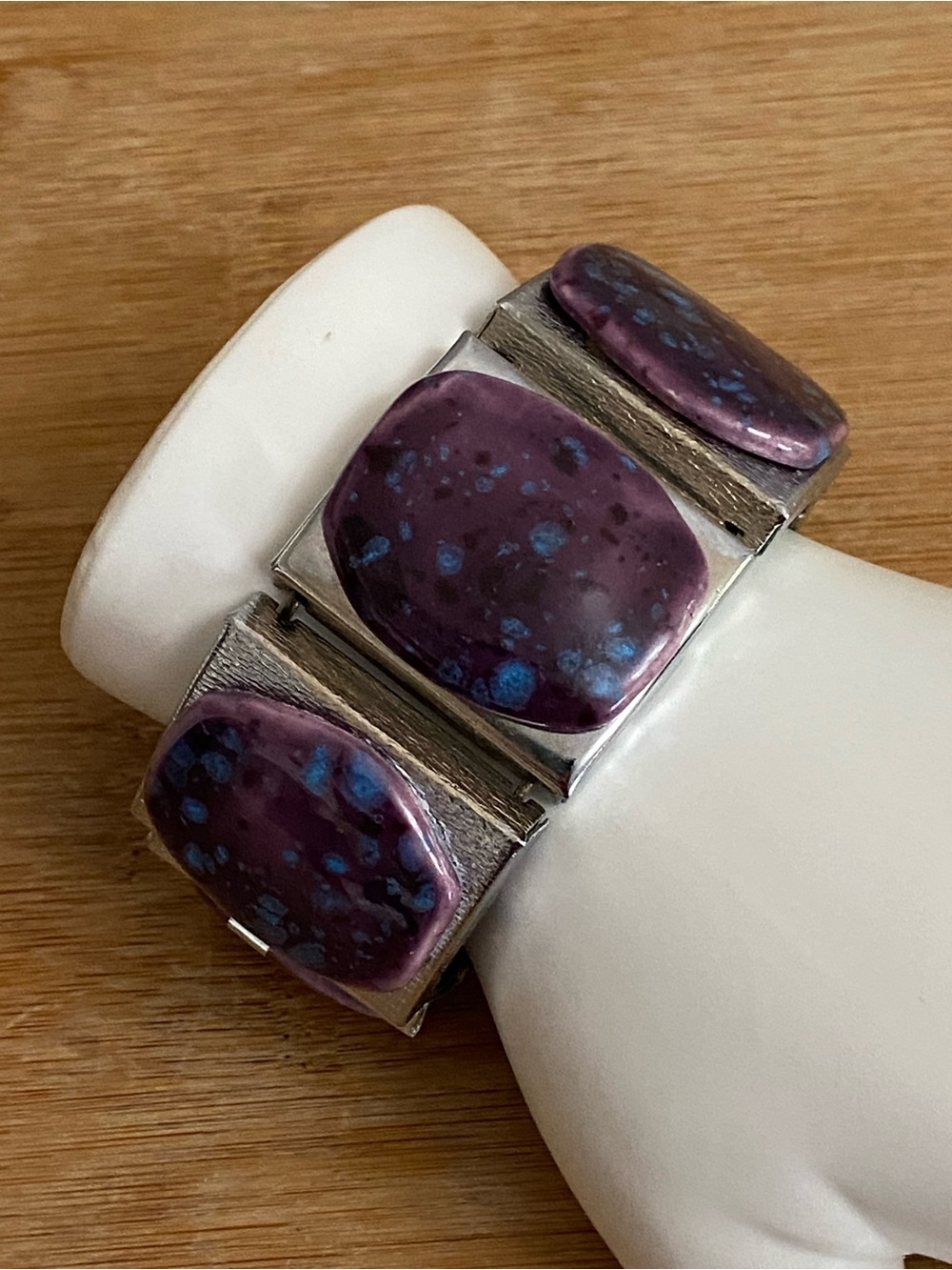 Rare Vintage 1960s MCM Fused Glass Panel Bracelet - Galaxy Purple